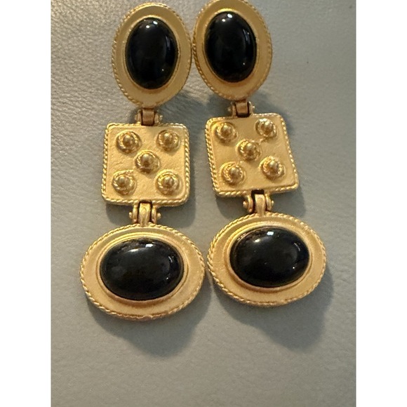 Vintage Black Cabochon Drop Dangle Brushed Gold Tone Clip On Earrings #415 - Picture 4 of 11